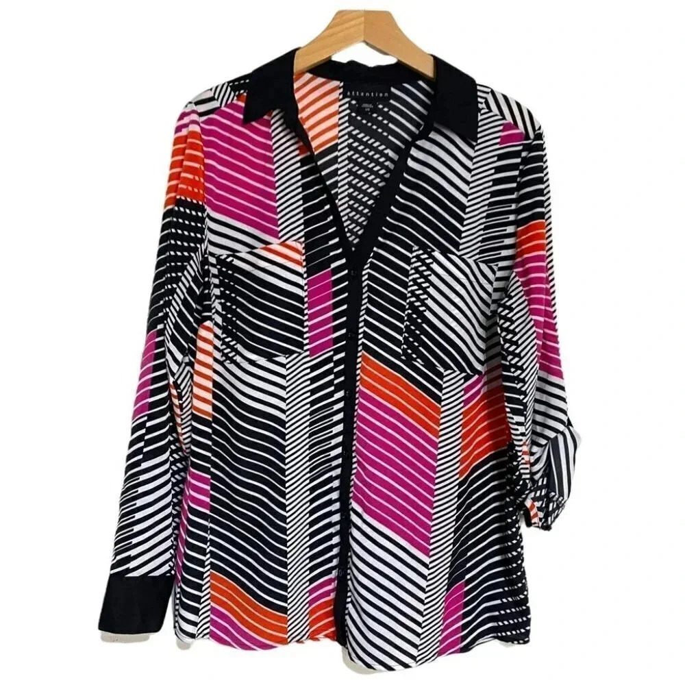Attention Button Down Shirt Large Multicolor Geometric Striped Roll Tab Blouse
